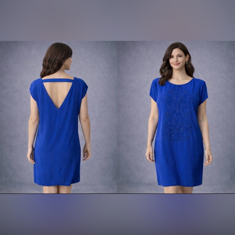 Anthropologie TIBI Dress Cobalt Blue 8 Silk Beaded Shift Short Sleeve V Back
